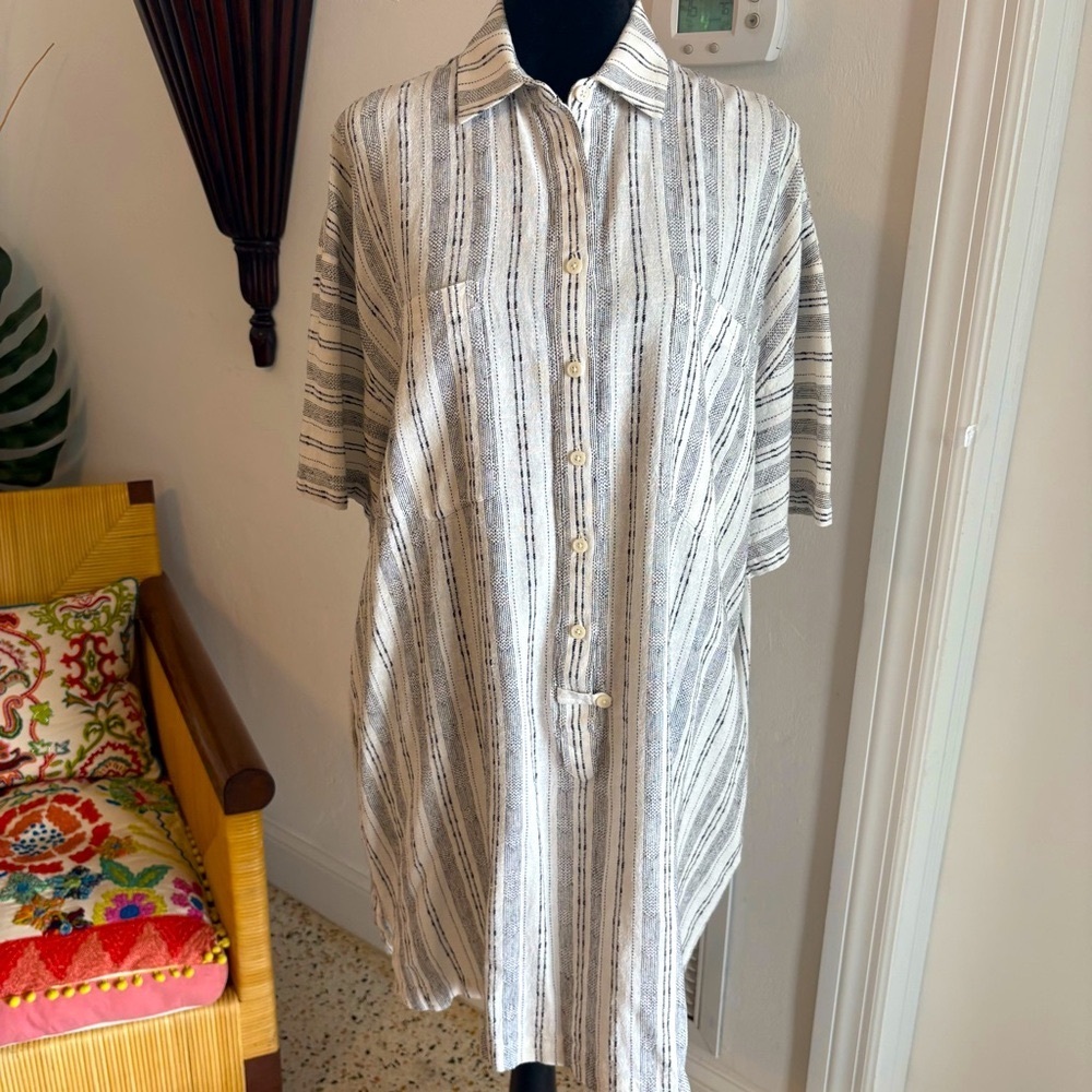 DEREK LAM 10 CROSBY Denim White Black Stripe Linen Cotton Relaxed Shirt Dress. M